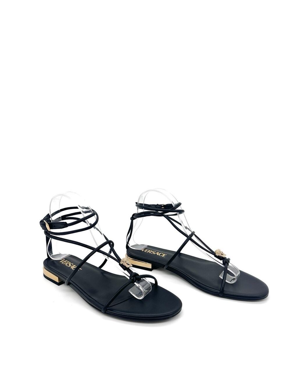 NIB Versace Gold Medusa Sandals EU 38.5 US 8.5 Black Leather Ankle Strap $995
